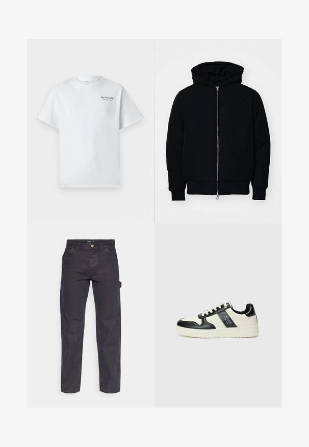 Sort hættejakke med frontlynlås, kængurulomme, ribbede manchetter og kant, præsenteret på en ensfarvet hvid baggrund.; Hvid bomulds t-shirt med korte ærmer, rund halsudskæring, med et lille sort tekstlogo "J&J since 1990 Society Club" på brystet.; Mørkegrå cargo-bukser lavet af slidstærkt stof, med lige ben, fem lommer og en knaplukning i taljen.; Lædersneakers i sort og creme farveskema, med perforerede detaljer, en polstret krave og en struktureret ydersål.