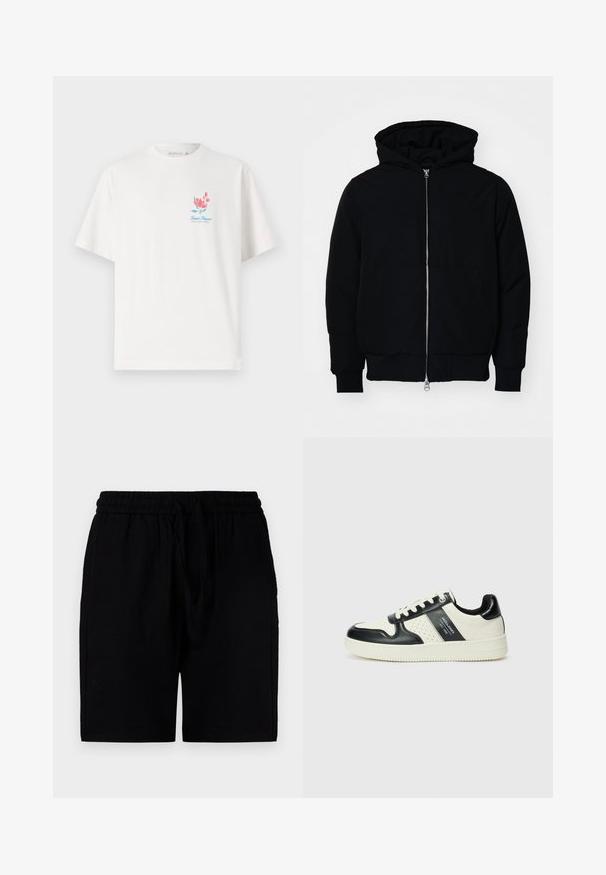 Juodas gobtuvėlis su priekiniu užtrauktuku, kengūros tipo kišene, lygiais rankogaliais ir apvadu, pateiktas ant vientiso balto fono.; Balta medvilninė marškinė su apvaliu iškirpimu, trumpomis rankovėmis, su spalvingu gėlių dizainu ir 'Saint Tropez' tekstu ant krūtinės.; Juodi šortai, pagaminti iš lengvos medžiagos, su elastingu juosmeniu ir raištine, šoninėmis kišenėmis ir laisvu kirpimu.; Odiniai sportbačiai juodos ir kreminės spalvų schemoje, su perforuotais akcentais, paminkštinta apykakle ir tekstūruotu padu.