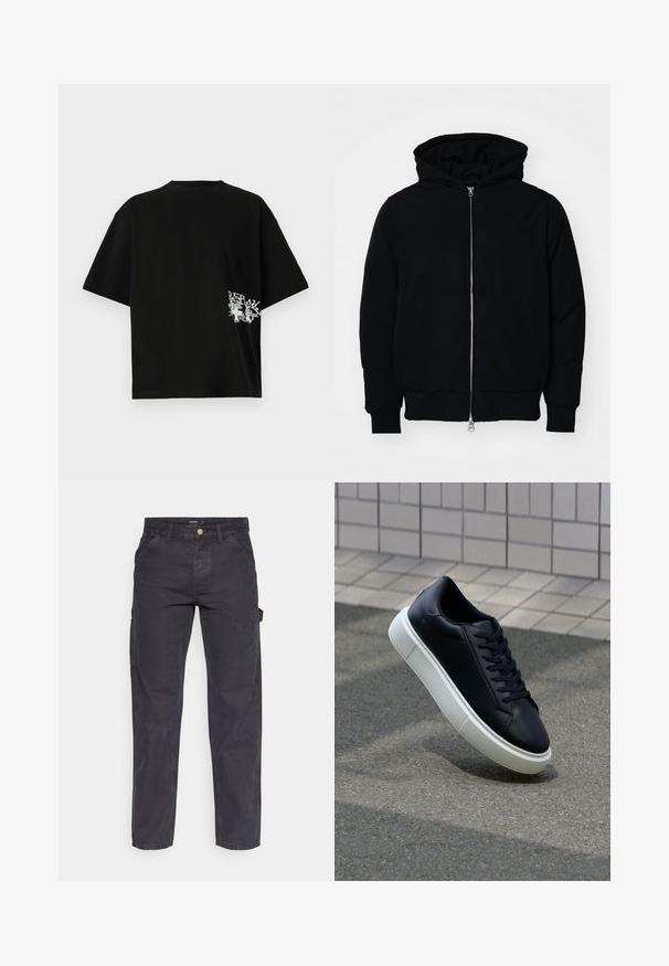 Črna kapuca jakna s sprednjim zadrgo, kenguru žepom, rebrastimi manšetami in hemom, razstavljena na enostavni beli ozadju.; Črna oversize majica iz bombaža; z belo nalepko in grafiko na levi strani blizu roba. Kratke rokave in krožni ovratnik.; Temno sivi cargo hlače iz trpežnega materiala, z ravnim krojem nogavic, petimi žepi in gumbom za zapiranje v pasu.; Črne usnjene superge z zaobljenim prstom in belim gumijastim podplat. Imajo ravne vezalke in minimalno šivanje na zgornjem delu. Teksturirani podplat za oprijem.