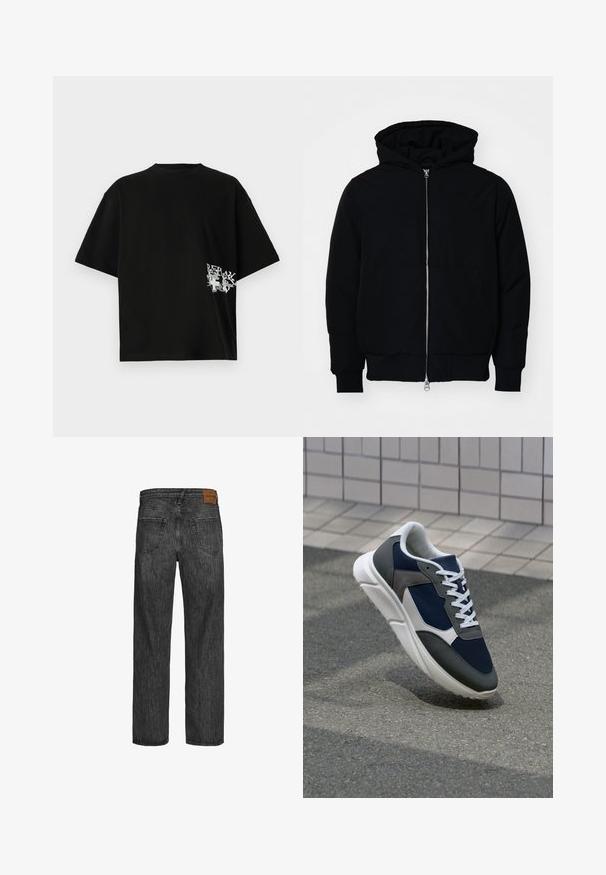 Zwarte hoodie met rits aan de voorkant, kangoeroe-pocket, geribbelde manchetten en zoom, weergegeven op een effen witte achtergrond.; Zwart, oversized t-shirt van katoen; heeft een witte tekst en grafische print aan de linkerkant nabij de zoom. Korte mouwen en ronde hals.; Zwarte denim jeans met een recht model, vijf zakken en een leren patch in bruin bij de tailleband. Gestructureerde stof met stikdetails.; Sneaker met een marineblauwe mesh bovenwerk, grijze suède accenten, witte rubberen zool en platte witte veters, ontworpen voor comfort en ademend vermogen.
