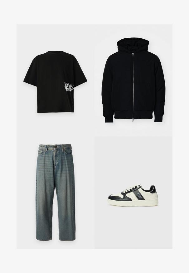 Black hooded jacket with front zipper, kangaroo pocket, ribbed cuffs, and hem, displayed on a plain white background.; Black oversized t-shirt made of cotton; features a white text and graphic print on the left side near the hem. Short sleeves and crew neck.; Light blue denim jeans with a loose fit, mid-rise waist, and straight legs. Features five pockets, belt loops, and a button closure.; Leather sneakers with a black and cream color scheme, featuring perforated accents, a padded collar, and a textured outsole.