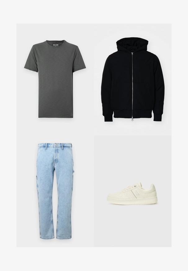 Black hooded jacket with front zipper, kangaroo pocket, ribbed cuffs, and hem, displayed on a plain white background.; Dark gray short-sleeve crew neck T-shirt with a subtle heather texture, displayed flat against a light background.; Light blue denim cargo pants with a straight leg design, side pockets, and a button closure at the waist. The fabric has a faded texture.; Cream-colored sneaker with perforated detailing, laces, and logo on the side, displayed against a plain white background.