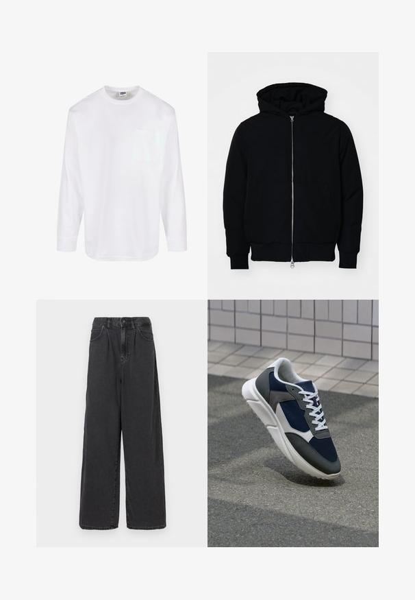 Sort hættejakke med frontlynlås, kængurulomme, ribbede manchetter og kant, præsenteret på en ensfarvet hvid baggrund.; Urban Classics HEAVY OVERSIZED - Langærmet T-shirt - white; Bredde ben, høj talje sorte denimbukser med frontknap og lynlås, der har sidelommer og en glat overflade.; Sneakers med en overdel i marineblå mesh, grå suedeteksturer, hvid gummisål og flade hvide snørebånd, designet til komfort og åndbarhed.