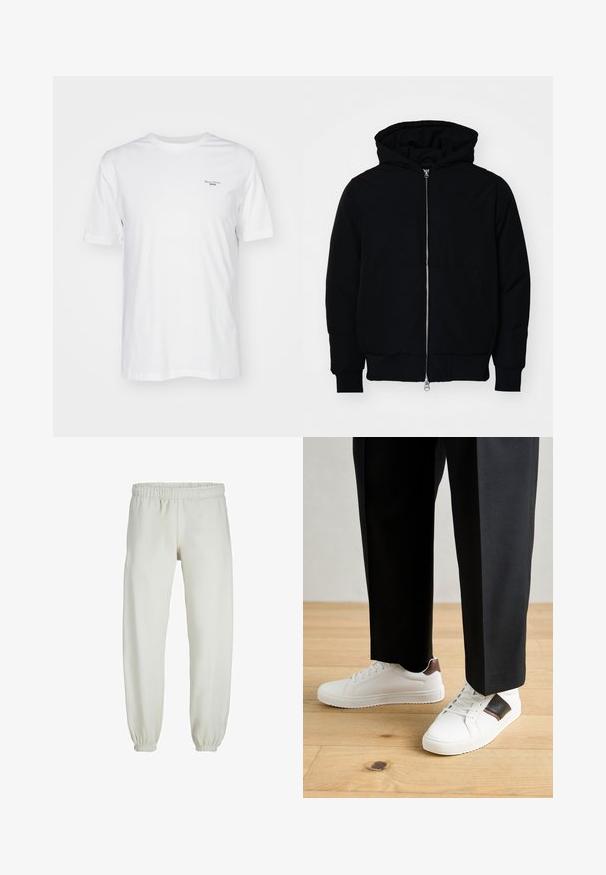 Juodas gobtuvėlis su priekiniu užtrauktuku, kengūros tipo kišene, lygiais rankogaliais ir apvadu, pateiktas ant vientiso balto fono.; Balta medvilninė marškinėlių su apvaliu iškirpimu, trumpomis rankovėmis ir mažu spausdintu logotipu kairėje krūtinės pusėje. Minkšta tekstūra, standartinis iškirpimas.; Baltos sportinės kelnės, pagamintos iš minkštos medžiagos, su elastinga juosmeniu ir rankogaliais, turinčios lygią tekstūrą ir laisvą siluetą.; Balti sportbačiai su glotnia danga, puošti rudais odiniais akcentais ir juodais detalėmis, derinami su juodais pritaikytais kelnėmis. Medinių grindų fonas.