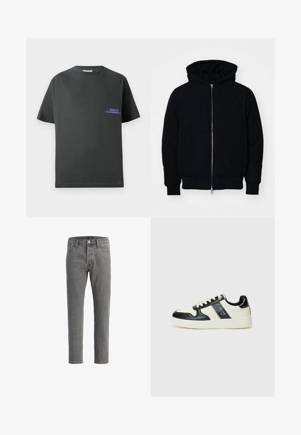 Melna kapucēta jaka ar priekšējo rāvējslēdzēju, kenguru kabatu, ribinātām aprocēm un apakšmalu, parādīta uz vienkārša balta fona.; Tumši pelēks kokvilnas T-krekls ar apaļu dekoltē. Uz kreisās krūts ir neliels violetas krāsas prints ar uzrakstu "REPLAY". Īsas, taisnas piedurknes.; Pelēki denimi džinsi ar taisnu griezumu, piecu kabatu dizainu un metāla pogu aizdari. Audumam ir maiga, teksturēta apdare.; Ādas sporta apavi ar melnbaltu krāsu shēmu, ar perforētiem akcentiem, mīkstinātu apkakli un teksturētu zoli.