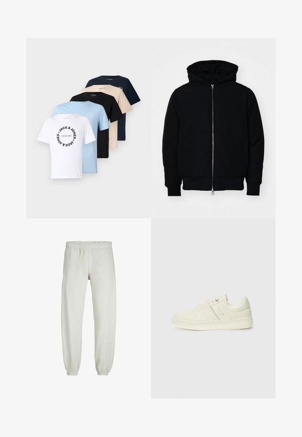 Black hooded jacket with front zipper, kangaroo pocket, ribbed cuffs, and hem, displayed on a plain white background.; Set of five T-shirts in white, light blue, black, beige, and navy. Crew neck style with graphic print on the white and light blue shirts.; White sweatpants made from soft fabric, featuring an elastic waistband and cuffs, with a smooth texture and loose-fitting design.; Cream-colored sneaker with perforated detailing, laces, and logo on the side, displayed against a plain white background.