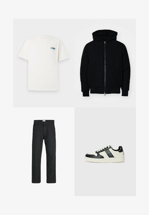 Mustaga kapuutsiga jakk, millel on esineed, kenguru tasku, soonikkoes, ja alläär, esitatud lihtsal valgel taustal.; Valge puuvillane T-särk lühikeste varrukatega, millel on värvikas graafika disain vasakul rinna piirkonnas, kujutades kala ja teksti.; Mustad mustad, mis on valmistatud vastupidavast kangast, sirge jala disainiga, õmmeldud detailidega ja kahe eesmise taskuga funktsionaalsuse jaoks.; Nahatud nahkkingad musta ja kreemi värviskeemiga, millel on perforeeritud aktsendid, pehme krae ja tekstureeritud tallad.