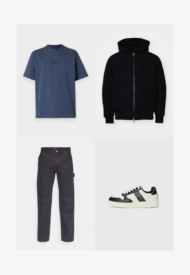 Černá kapucňová bunda s předním zipem, klokaní kapsou, vroubkovanými manžetami a spodním lemem, vystavená na čistém bílém pozadí.; Pánské tričko s krátkým rukávem v námořnické modré barvě vyrobené z bavlny, s kulatým výstřihem; na hrudi má jemně vyšitý logo "REPLAY".; Tmavě šedé cargo kalhoty vyrobené z odolné látky, s rovnými nohavicemi, pěti kapsami a knoflíkovým zapínáním v pase.; Kožené tenisky s černobílou barevnou kombinací, které mají perforované detaily, polstrovaný límec a texturovanou podrážku.