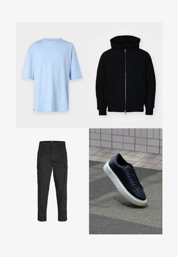 Sort hættejakke med frontlynlås, kængurulomme, ribbede manchetter og kant, præsenteret på en ensfarvet hvid baggrund.; Lys blå kortærmet t-shirt lavet af blød bomuld. Har en rund halsudskæring og en afslappet pasform. Ingen synlige mønstre eller accenter.; Sorte cargo-bukser lavet af slidstærkt stof, der har flere lommer, en knaplukning og et slim fit design med smalle ben.; Sort lædersneaker med rund tå og hvid gummisål. Har flade snørebånd og minimal syning på overdelen. Tekstureret sål for bedre greb.