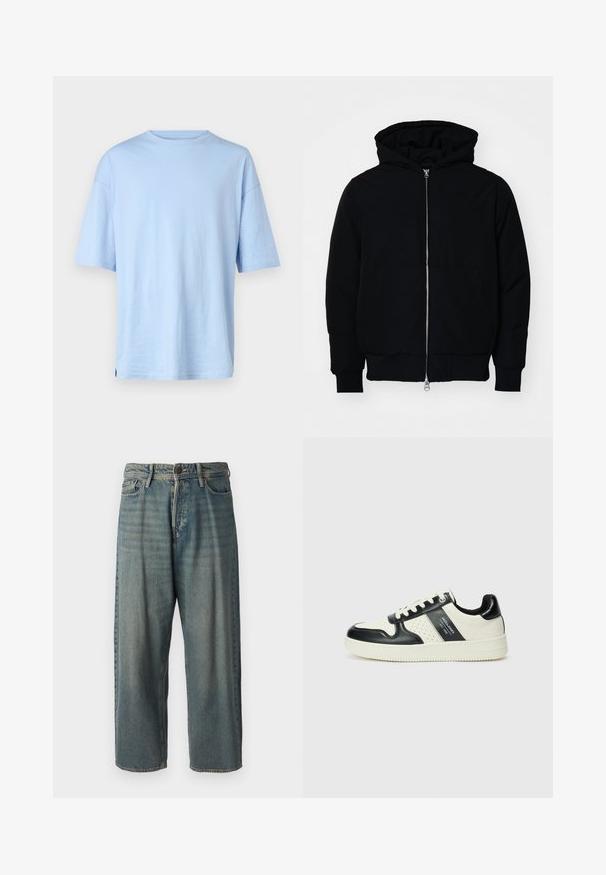 Black hooded jacket with front zipper, kangaroo pocket, ribbed cuffs, and hem, displayed on a plain white background.; Light blue short-sleeve t-shirt made from soft cotton. Features a crew neckline and relaxed fit. No visible patterns or accents.; Light blue denim jeans with a loose fit, mid-rise waist, and straight legs. Features five pockets, belt loops, and a button closure.; Leather sneakers with a black and cream color scheme, featuring perforated accents, a padded collar, and a textured outsole.