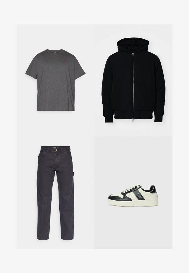 Giacca nera con cappuccio, dotata di zip frontale, tasca a marsupio, polsini e orlo a coste, esposta su uno sfondo bianco semplice.; Levi's® Plus BIG ORIGINAL TEE - T-shirt basic - dark charcoal heather; Pantaloni cargo grigio scuro realizzati in tessuto resistente, con un taglio dritto, cinque tasche e chiusura a bottoni in vita.; Sneakers in pelle con una combinazione di colori nero e crema, dotati di dettagli perforati, collare imbottito e suola testurizzata.