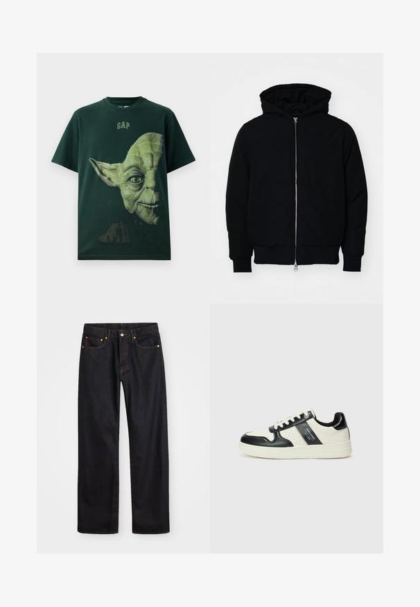 Černá kapucňová bunda s předním zipem, klokaní kapsou, vroubkovanými manžetami a spodním lemem, vystavená na čistém bílém pozadí.; Zelené bavlněné tričko s velkým potiskem obličeje postavy, s nápisem "GAP" nahoře v žlutozeleném písmu.; Pánské černé džíny rovného střihu s pěti kapsami a oranžovým prošíváním, s knoflíkem a zipem na předním pásku.; Kožené tenisky s černobílou barevnou kombinací, které mají perforované detaily, polstrovaný límec a texturovanou podrážku.