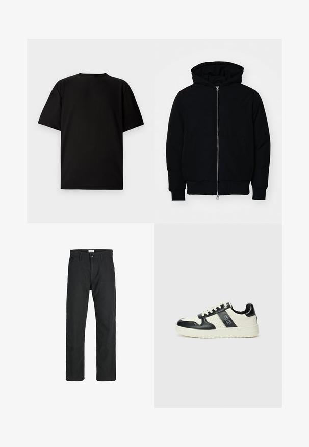 Melna kapucēta jaka ar priekšējo rāvējslēdzēju, kenguru kabatu, ribinātām aprocēm un apakšmalu, parādīta uz vienkārša balta fona.; Melna īsām piedurknēm T-kreklu, kas izgatavots no ribotas auduma. Tam ir apaļa kakla izgriezums un brīvs piegriezums ar gludu tekstūru. Skats tikai no aizmugures.; Melnas bikses no izturīga auduma, ar taisna griezuma dizainu, izšūtām akcentiem un divām priekšējām kabatām funkcionālitātei.; Ādas sporta apavi ar melnbaltu krāsu shēmu, ar perforētiem akcentiem, mīkstinātu apkakli un teksturētu zoli.