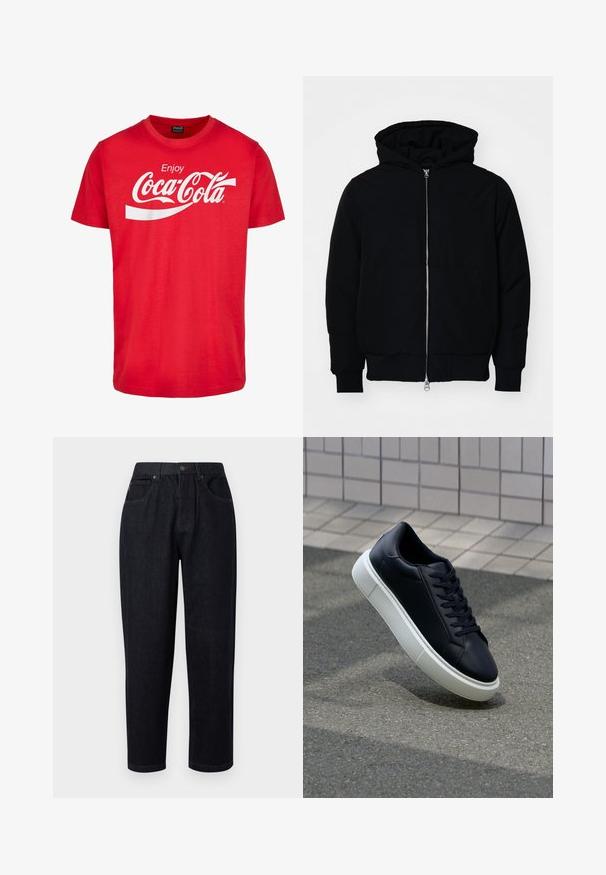 Black hooded jacket with front zipper, kangaroo pocket, ribbed cuffs, and hem, displayed on a plain white background.; Red cotton t-shirt with short sleeves featuring a white "Coca-Cola" logo and wavy design across the chest. Classic crew neck style.; Dark blue denim trousers with a relaxed fit, featuring a button and zipper closure, two front pockets, and stitching accents.; Black leather sneaker with rounded toe and white rubber sole. Features flat laces and minimal stitching on the upper. Textured sole for grip.