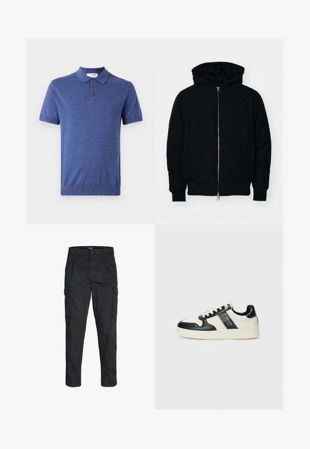 Fekete kapucnis dzseki elülső cipzárral, kenguruzsebbel, bordázott mandzsettákkal és aba, egy sima fehér háttér előtt.; Tengerészkék, rövid ujjú póló, puha kötött anyagból készült, bordázott gallérral, három barna gombos gombolással és karcsú szegéllyel.; Fekete cargo nadrág, amely tartós anyagból készült, több zsebet tartalmaz, gombos záródással rendelkezik, és karcsú szabású, szűkített lábakkal bír.; Fekete és krém színű bőrsneaker, perforált díszítésekkel, párnázott bokapánttal és texturált talppal.