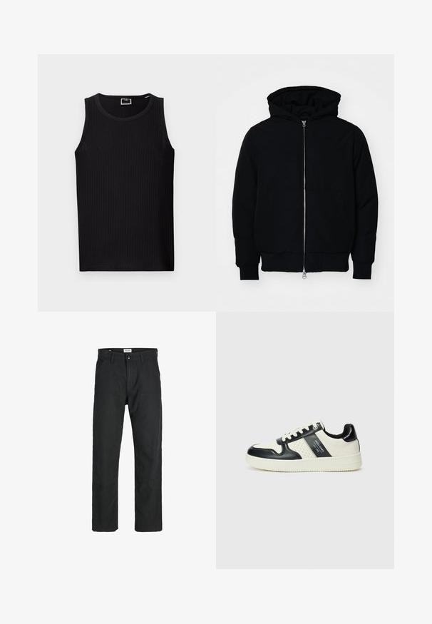 Czarna kurtka z kapturem, z suwakiem z przodu, kieszenią kangurką, ściągaczami przy mankietach i dolnym brzegu, prezentowana na jednolitym białym tle.; Czarny ryflowany top na ramiączkach z okrągłym dekoltem, bez rękawów, z miękkiego, teksturowanego materiału. Posiada prosty dół i minimalną markę.; Czarne spodnie wykonane z trwałego materiału, z prostym krojem nóg, przeszyciami i dwiema przednimi kieszeniami dla funkcjonalności.; Skórzane sneakersy w czarno-kremowym schemacie kolorystycznym, z perforowanymi akcentami, wyściełanym kołnierzem i teksturowaną podeszwą.