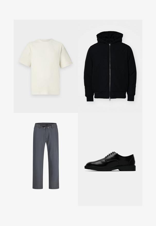 Chaqueta negra con capucha, cierre frontal, bolsillo tipo canguro, y puños y dobladillo acanalados, exhibida sobre un fondo blanco liso.; Camiseta de tejido acanalado en beige claro con mangas cortas y un escote redondo, exhibida sobre un fondo blanco liso.; Pantalones grises con cintura elástica y cordón ajustable. Diseño de pierna recta, fabricados en un tejido suave, con costuras mínimas y sin hardware visible.; Zapato de vestir de cuero negro con un acabado liso, puntera redondeada, diseño de cordones y suela de goma discreta para mayor tracción.