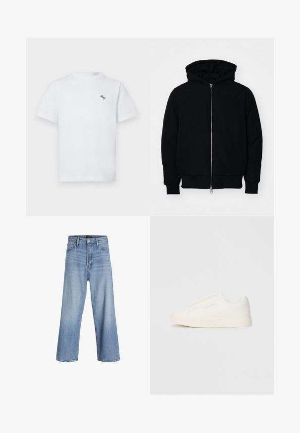Čierna kapucňová bunda s predným zipsom, klokaními vreckami, rebrovanými manžetami a lemom, zobrazená na bielom pozadí.; Biele bavlnené tričko s okrúhlym výstrihom a krátkymi rukávmi. Obsahuje malé čierne vyšívané logo na ľavej hrudi.; Svetlo modré rifľové nohavice s širokými nohavicami a vysokým pásom, s gombíkovým zapínaním, dizajnom s piatimi vreckami a jemným vyblednutím. Čistý lem.; Biele slip-on tenisky s textúrovaným povrchom, hrubou podrážkou a minimalistickým dizajnom. Obsahuje logo značky na boku.
