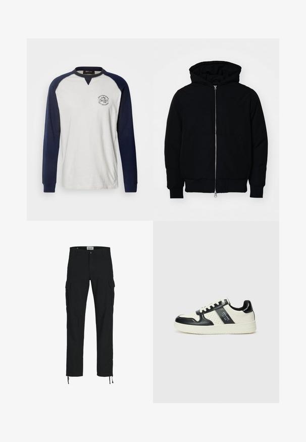 Juodas gobtuvėlis su priekiniu užtrauktuku, kengūros tipo kišene, lygiais rankogaliais ir apvadu, pateiktas ant vientiso balto fono.; INDICODE JEANS Ilgarankovis viršutinės dalies drabužis - navy/off-white; Juodos krovinių kelnės su tiesiu kirpimu, turinčios šonines kišenes, sagų užsegimą ir elastingas raišteles kulkšnose. Pagamintos iš tvirto audinio.; Odiniai sportbačiai juodos ir kreminės spalvų schemoje, su perforuotais akcentais, paminkštinta apykakle ir tekstūruotu padu.