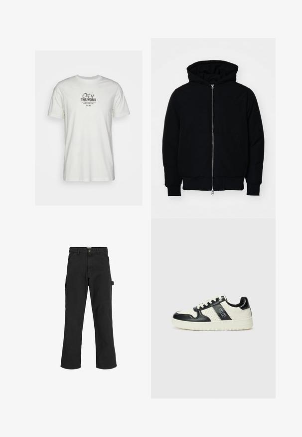Juodas gobtuvėlis su priekiniu užtrauktuku, kengūros tipo kišene, lygiais rankogaliais ir apvadu, pateiktas ant vientiso balto fono.; Balta medvilnės marškinėliai su juodu grafiniu spaudiniu ir tekstu. Trumpomis rankovėmis ir apvalia kaklo iškirpte, paprastas dizainas be papildomų dekoracijų.; Juodos krovinių kelnės iš medvilnės mišinio audinio. Ypatybės: plačios kojos, šoninės kišenės ir šoninė kišenė su kilpa aksesuarams.; Odiniai sportbačiai juodos ir kreminės spalvų schemoje, su perforuotais akcentais, paminkštinta apykakle ir tekstūruotu padu.