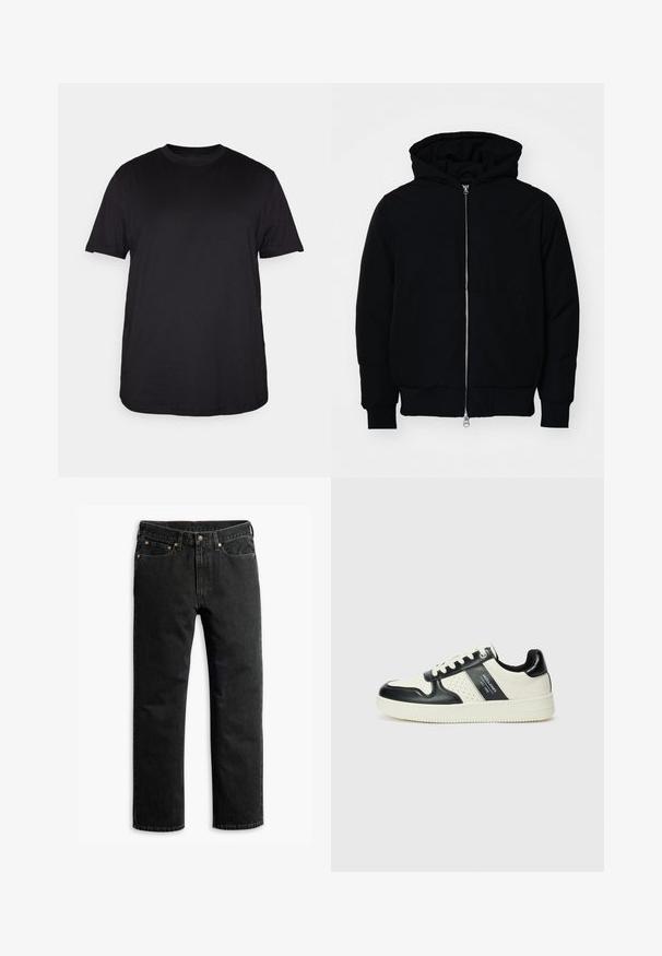 Schwarze Kapuzenjacke mit Frontreißverschluss, Kängurutasche, gerippten Bündchen und Saum, auf einem schlichten weißen Hintergrund präsentiert.; Schwarzes T-Shirt mit kurzen Ärmeln aus weicher Baumwolle, mit Rundhalsausschnitt und lockerer Passform, ohne sichtbare Muster oder Akzente.; Schwarze Jeans im geraden Schnitt mit fünf Taschen, Gürtelschlaufen und einem Knopfverschluss an der Taille, flach auf einem weißen Hintergrund ausgelegt.; Leder-Sneaker in Schwarz- und Cremetönen, mit perforierten Akzenten, einem gepolsterten Kragen und einer strukturierten Laufsohle.