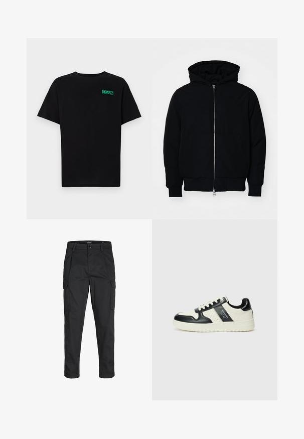 Schwarze Kapuzenjacke mit Frontreißverschluss, Kängurutasche, gerippten Bündchen und Saum, auf einem schlichten weißen Hintergrund präsentiert.; Schwarzes T-Shirt aus Baumwolle mit kurzen Ärmeln. Auf der Vorderseite befindet sich ein grünes "ROOTS"-Logo, es hat einen runden Halsauschnitt und eine normale Passform.; Schwarze Cargo-Hose aus robustem Material, mit mehreren Taschen, einem Knopfverschluss und einem Slim-Fit-Design mit schmal zulaufenden Beinen.; Leder-Sneaker in Schwarz- und Cremetönen, mit perforierten Akzenten, einem gepolsterten Kragen und einer strukturierten Laufsohle.