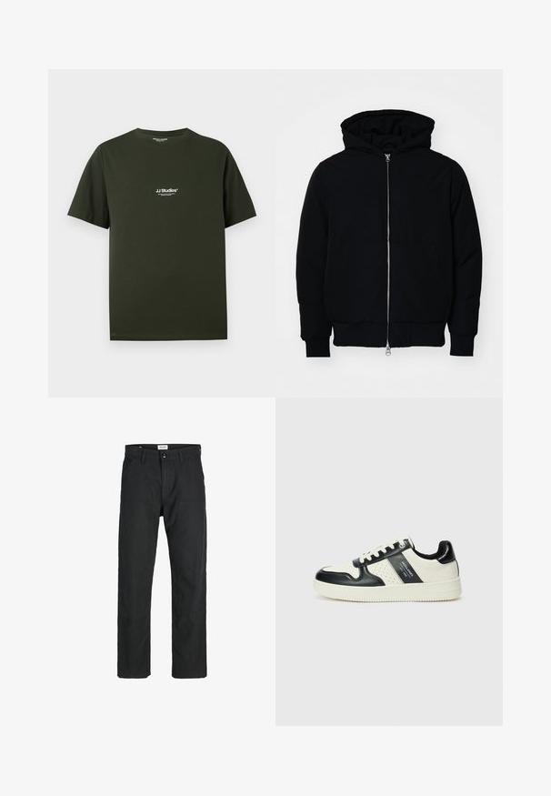 Zwarte hoodie met rits aan de voorkant, kangoeroe-pocket, geribbelde manchetten en zoom, weergegeven op een effen witte achtergrond.; Donkergroene katoenen t-shirt met een ronde hals en korte mouwen, voorzien van het witte logo "JJ Studios" op de linkerborst.; Zwarte broeken gemaakt van duurzame stof, met een recht gesneden ontwerp, gestikte accenten en twee voorzakken voor functionaliteit.; Leren sneakers met een zwart en crèmekleurig kleurenschema, voorzien van geperforeerde accenten, een gevoerde kraag en een gestructureerde buitenzool.