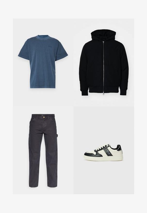 Fekete kapucnis dzseki elülső cipzárral, kenguruzsebbel, bordázott mandzsettákkal és aba, egy sima fehér háttér előtt.; Kék pamut póló kerek nyakkal, rövid ujjakkal és egy kis logóval a mellrészen. Lazább szabással és sima textúrával rendelkezik.; Sötétszürke cargo nadrág tartós anyagból, egyenes szárú fazonnal, öt zsebbel és gombos derékzárral.; Fekete és krém színű bőrsneaker, perforált díszítésekkel, párnázott bokapánttal és texturált talppal.