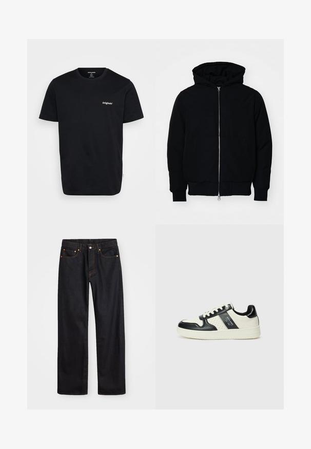 Svart hettejakke med frontglidelås, kengurulomme, ribbestrikket mansjetter og søm, vist på en ensfarget hvit bakgrunn.; Svart bomulls t-skjorte med korte ermer, rund hals, og hvit "Originals" logo på brystet. Glatt tekstur, vanlig passform.; Men's straight-leg svarte denim jeans med fem lommer og oransje søm, knapp og glidelås lukking foran på midjen.; Lædersneakers med sort og creme farveskema, der har perforerede detaljer, en polstret krave og en struktureret ydersål.