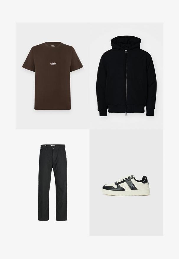 Jachetă neagră cu glugă, cu fermoar în față, buzunar tip kangaroo, mansete și tiv ribbed, prezentată pe un fundal alb simplu.; Tricou din bumbac maro cu mâneci scurte, decolteu rotund și un mic logo alb pe piept. Textură netedă și croială obișnuită.; Pantaloni negri dintr-un material durabil, cu un design cu picior drept, accente cusute și două buzunare frontale pentru funcționalitate.; Tenisi din piele cu un scheme de culori negru și crem, dotati cu accente perforate, guler căptușit și o talpă texturată.