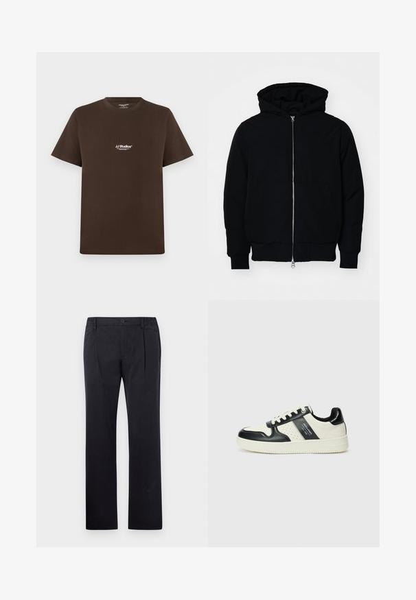 Black hooded jacket with front zipper, kangaroo pocket, ribbed cuffs, and hem, displayed on a plain white background.; Brown cotton t-shirt with short sleeves, round neck, and a small white logo on the chest. Smooth texture and regular fit.; Black cotton trousers with a straight leg design, featuring a button closure and elastic waistband for adjustable fit. Smooth texture, no patterns.; Leather sneakers with a black and cream color scheme, featuring perforated accents, a padded collar, and a textured outsole.