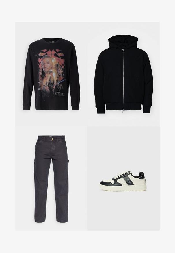 Czarna kurtka z kapturem, z suwakiem z przodu, kieszenią kangurką, ściągaczami przy mankietach i dolnym brzegu, prezentowana na jednolitym białym tle.; Czarny longsleeve z kolorowym nadrukiem z "Gwiezdne Wojny: Część I - Mroczne Widmo", przedstawiającym różne postacie i detale.; Ciemnoszare spodnie cargo wykonane z trwałej tkaniny, z prostymi nogawkami, pięcioma kieszeniami i zapięciem na guzik w talii.; Skórzane sneakersy w czarno-kremowym schemacie kolorystycznym, z perforowanymi akcentami, wyściełanym kołnierzem i teksturowaną podeszwą.