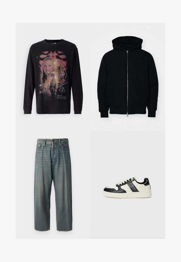 Black hooded jacket with front zipper, kangaroo pocket, ribbed cuffs, and hem, displayed on a plain white background.; Black long-sleeve t-shirt featuring a colorful graphic print from "Star Wars: Episode I - The Phantom Menace" with various characters and details.; Light blue denim jeans with a loose fit, mid-rise waist, and straight legs. Features five pockets, belt loops, and a button closure.; Leather sneakers with a black and cream color scheme, featuring perforated accents, a padded collar, and a textured outsole.