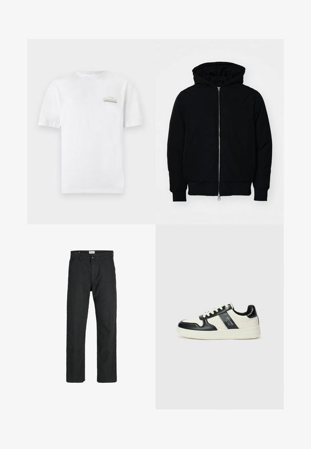 Schwarze Kapuzenjacke mit Frontreißverschluss, Kängurutasche, gerippten Bündchen und Saum, auf einem schlichten weißen Hintergrund präsentiert.; Weißes Baumwoll-T-Shirt mit kurzen Ärmeln, Rundhalsausschnitt und einem kleinen, schwarz- und goldbedruckten Logo, das "Cancun" liest.; Schwarze Hosen aus strapazierfähigem Stoff, mit geradem Bein, genähten Akzenten und zwei vorderen Taschen für Funktionalität.; Leder-Sneaker in Schwarz- und Cremetönen, mit perforierten Akzenten, einem gepolsterten Kragen und einer strukturierten Laufsohle.