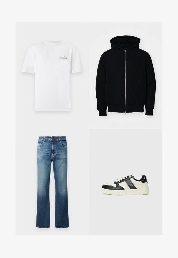 Czarna kurtka z kapturem, z suwakiem z przodu, kieszenią kangurką, ściągaczami przy mankietach i dolnym brzegu, prezentowana na jednolitym białym tle.; Biała bawełniana koszulka z krótkim rękawem, okrągłym dekoltem i małym nadrukowanym logo w czerni i złocie z napisem "Cancun."; Niebieskie dżinsy z rozszerzanym krojem nogawki, wytarte, z pięcioma kieszeniami i zapięciem na guzik.; Skórzane sneakersy w czarno-kremowym schemacie kolorystycznym, z perforowanymi akcentami, wyściełanym kołnierzem i teksturowaną podeszwą.