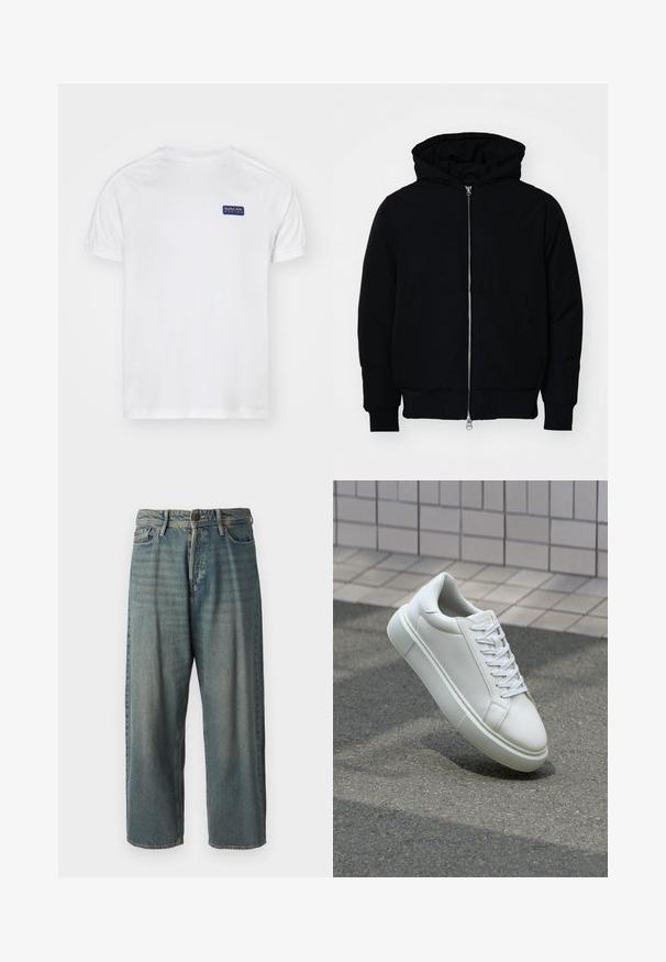 Mustaga kapuutsiga jakk, millel on esineed, kenguru tasku, soonikkoes, ja alläär, esitatud lihtsal valgel taustal.; Valge lühikeste varrukatega t-särk raglanvarrukatega, millel on vasakul rinnal sinine ristkülikukujuline logo ning kangas on õhulise tekstuuriga.; Heledad sinine denim-stiilis teksad, volüümse lõike, keskmise kõrgusega talje ja sirgete säärega. Omab viit taskut, vöökumme ja nööpide sulgemist.; Valge nahkline sneka, millel on sile pind, ümar varvas ja lame valge pael. Omab tekstuuriga kummist talla ja minimaalset kujunduselementi.