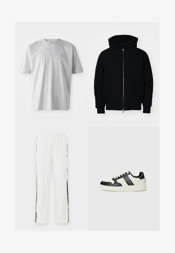Melna kapucēta jaka ar priekšējo rāvējslēdzēju, kenguru kabatu, ribinātām aprocēm un apakšmalu, parādīta uz vienkārša balta fona.; Pelēks īsām piedurknēm t-krekls, izgatavots no mīkstas auduma. Tam ir apaļa apkakle un diskrēta logo izšuvums uz priekšpuses.; Baltas sporta bikses ar elastīgu jostasvietu, ar melnām sānu svītrām, taisna kāju dizains un gluda auduma tekstūra.; Ādas sporta apavi ar melnbaltu krāsu shēmu, ar perforētiem akcentiem, mīkstinātu apkakli un teksturētu zoli.