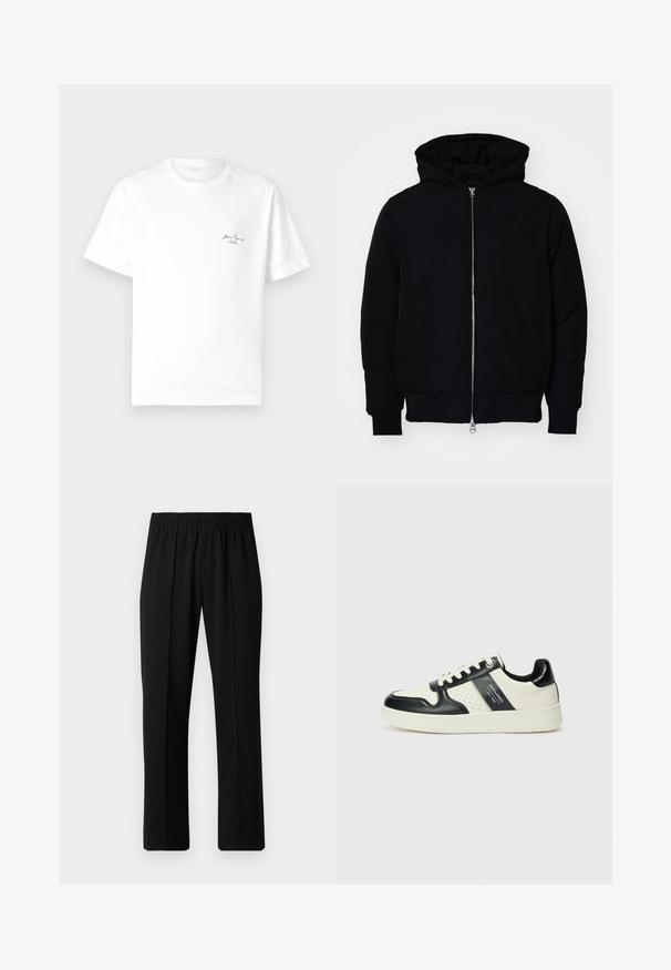 Juodas gobtuvėlis su priekiniu užtrauktuku, kengūros tipo kišene, lygiais rankogaliais ir apvadu, pateiktas ant vientiso balto fono.; Balta medvilnės marškinėlė su apykakle, trumpomis rankovėmis ir mažu juodu logotipu kairėje krūtinės pusėje. Sklandžiai tekstūruota.; Juodos, elastingos juosmens kelnės su tiesiomis kojomis, turinčios lygų paviršių ir be matomų raštų ar detalių.; Odiniai sportbačiai juodos ir kreminės spalvų schemoje, su perforuotais akcentais, paminkštinta apykakle ir tekstūruotu padu.