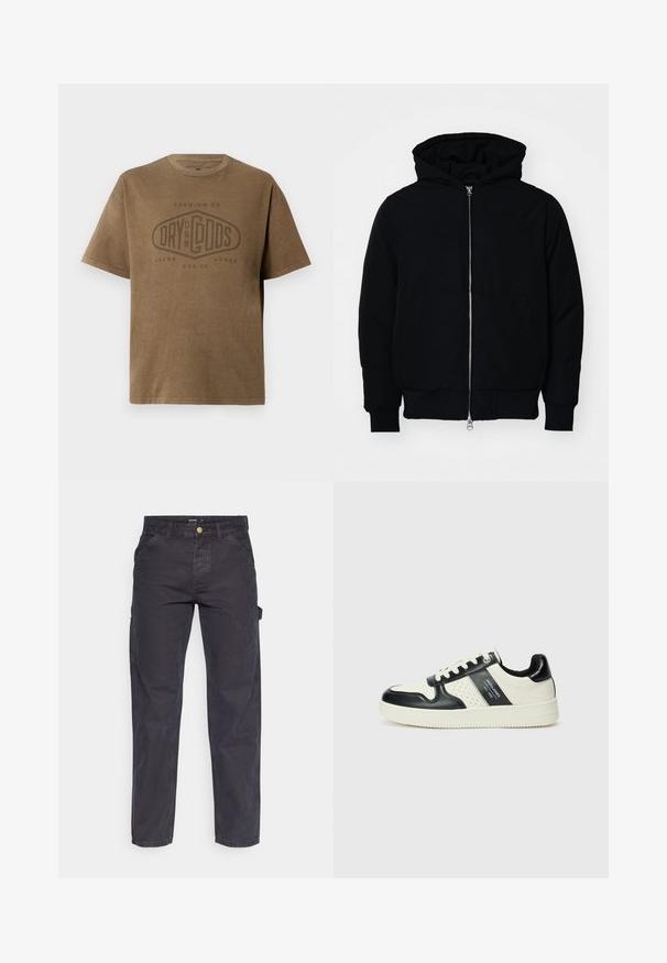 Mustat huppu-untuvatakki, jossa on vetoketju edessä, kenguru-tasku, ribatut hihansuut ja helma, esillä yksinkertaisella valkoisella taustalla.; Ruskea lyhythihainen T-paita, jossa on pyöreä kaula-aukko ja haalistunut logo-teksti "Premium Co. Dry On My Gods Jack & Jones Est. 90" painettuna etupuolelle.; Tummanharmaat cargo-housut, jotka on valmistettu kestävästä kankaasta. Niissä on suora lahkeellinen leikkaus, viisi taskua ja nappikiinnitys vyötäröllä.; Nahkakengät musta-kerma värimaailmassa, joissa on rei'itetyt yksityiskohdat, pehmustettu nilkkaosa ja teksturoitu pohja.