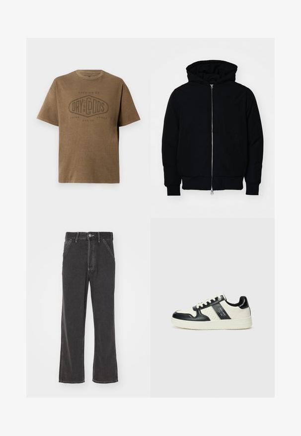 Black hooded jacket with front zipper, kangaroo pocket, ribbed cuffs, and hem, displayed on a plain white background.; Brown short-sleeve T-shirt with round neck and faded logo text "Premium Co. Dry On My Gods Jack & Jones Est. 90" printed on front.; Black denim flared jeans with a high waist, contrast stitching, front pockets, and a button closure. Material appears sturdy with a smooth texture.; Leather sneakers with a black and cream color scheme, featuring perforated accents, a padded collar, and a textured outsole.