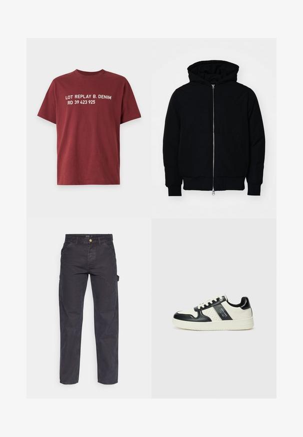 Chaqueta negra con capucha, cierre frontal, bolsillo tipo canguro, y puños y dobladillo acanalados, exhibida sobre un fondo blanco liso.; Camiseta de color marrón hecha de algodón, con un texto blanco en negrita que dice: "LOT REPLAY B. DENIM RD 39 423 925" en el pecho. Mangas cortas, cuello redondo.; Pantalones cargo de color gris oscuro, confeccionados con un tejido duradero, que presentan un corte recto, cinco bolsillos y un cierre de botón en la cintura.; Zapatillas de cuero con un esquema de colores negro y crema, que cuentan con acentos perforados, un collar acolchado y una suela texturizada.