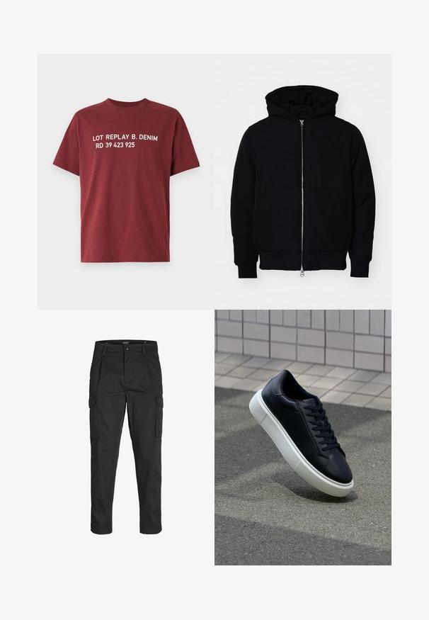 Black hooded jacket with front zipper, kangaroo pocket, ribbed cuffs, and hem, displayed on a plain white background.; Maroon T-shirt made of cotton, featuring bold white text: "LOT REPLAY B. DENIM RD 39 423 925" across the chest. Short sleeves, crew neck.; Black cargo pants made of sturdy fabric, featuring multiple pockets, a button closure, and a slim fit design with tapered legs.; Black leather sneaker with rounded toe and white rubber sole. Features flat laces and minimal stitching on the upper. Textured sole for grip.