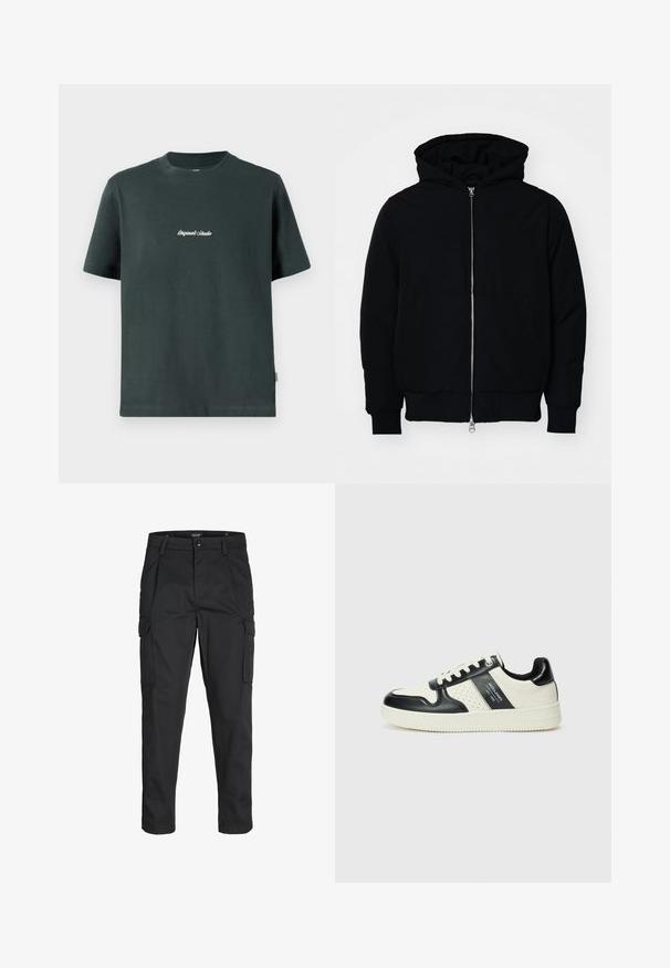 Čierna kapucňová bunda s predným zipsom, klokaními vreckami, rebrovanými manžetami a lemom, zobrazená na bielom pozadí.; Tmavohnedé bavlnené tričko s okrúhlym výstrihom, krátkymi rukávmi a bielym vyšívaným textom "Original Studio" na hrudi. Hladká textúra.; Čierne cargo nohavice z odolnej látky, s viacerými vreckami, gombíkovým zapínaním a úzkym strihom so zúženými nohavicami.; Kožené tenisky v čierno-krémovej farbe, s perforovanými akcentmi, polstrovaným golierom a štruktúrovanou podrážkou.