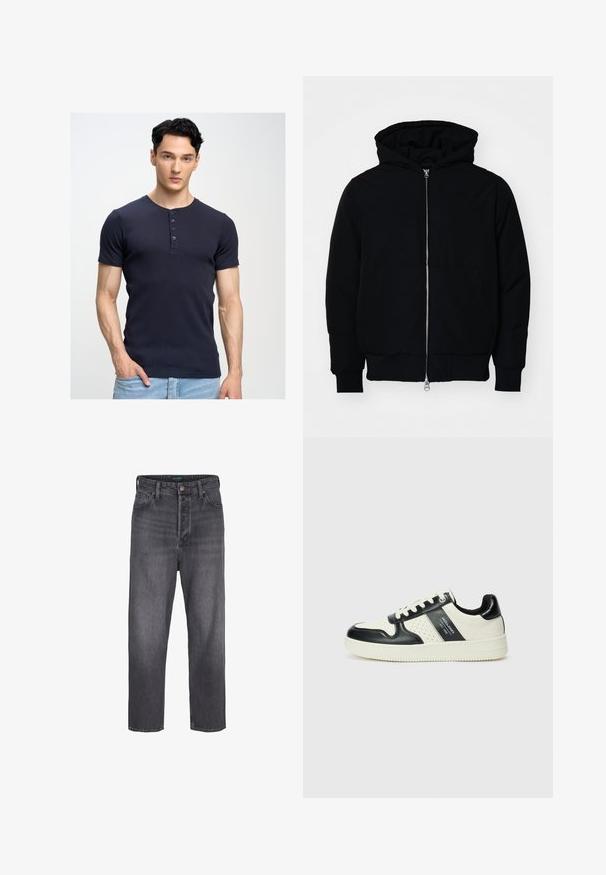 Mustaga kapuutsiga jakk, millel on esineed, kenguru tasku, soonikkoes, ja alläär, esitatud lihtsal valgel taustal.; Tumed sinise värviga lühikeste varrukatega T-särk, millel on ümar kaelus ja viie nööbiga rida; keha lähedane disain; pehme, sile tekstuur; kantud heledad sinised teksad.; Tumedast hallid teksased sirge jala disainiga, kõrge vöökoht, viie tasku stiil ning kerge kulumine. Metallist nööp ja lukuga sulgemine.; Nahatud nahkkingad musta ja kreemi värviskeemiga, millel on perforeeritud aktsendid, pehme krae ja tekstureeritud tallad.