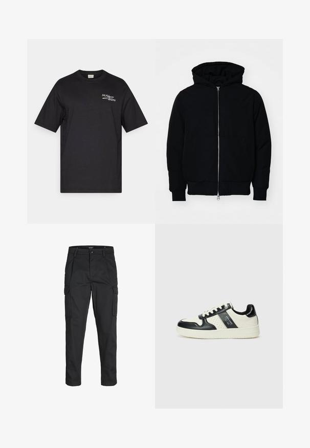 Zwarte hoodie met rits aan de voorkant, kangoeroe-pocket, geribbelde manchetten en zoom, weergegeven op een effen witte achtergrond.; Zwarte katoenen t-shirt met een ronde hals, korte mouwen en wit gedrukt tekst op de linkerborst. Soepele textuur, eenvoudig ontwerp.; Zwarte cargobroek van stevig stof, met meerdere zakken, een knoopsluiting en een slim fit ontwerp met taps toelopende benen.; Leren sneakers met een zwart en crèmekleurig kleurenschema, voorzien van geperforeerde accenten, een gevoerde kraag en een gestructureerde buitenzool.