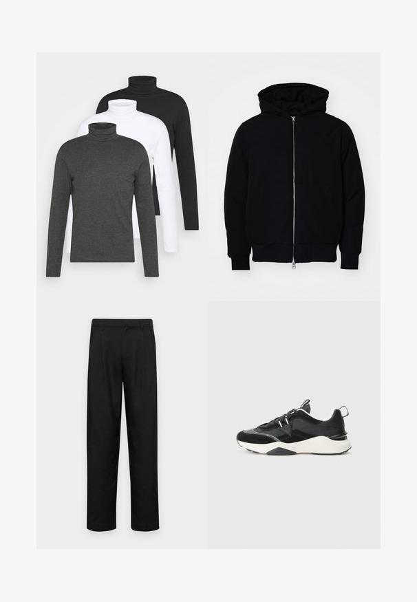 Čierna kapucňová bunda s predným zipsom, klokaními vreckami, rebrovanými manžetami a lemom, zobrazená na bielom pozadí.; Tričko s dlhým rukávom a rolákom v tmavosivej, bielej a čiernej farbe. Vyrobené z jemnej látky s rebrovaným dizajnom roláka a priliehavými rukávmi.; Čierne nohavice vyrobené z hladkej tkaniny, s rovnými nohavicami, dvoma prednými skladmi a štandardným pásom s pútkami na opasok.; Čierne tenisky so zmesou semišu a sieťoviny, robustná biela podrážka a reflexné detaily. Dizajn na šnurovanie s pútkom.