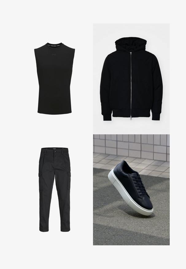 Giacca nera con cappuccio, dotata di zip frontale, tasca a marsupio, polsini e orlo a coste, esposta su uno sfondo bianco semplice.; Top atletico senza maniche di colore nero con collo alto e piccolo logo "CNZ" al centro frontale.; Pantaloni cargo neri realizzati in un tessuto resistente, dotati di molteplici tasche, chiusura con bottone e un design aderente con gambe affusolate.; Sneaker in pelle nera con punta arrotondata e suola in gomma bianca. Presenta lacci piatti e cuciture minime sulla parte superiore. Suola testurizzata per una migliore aderenza.
