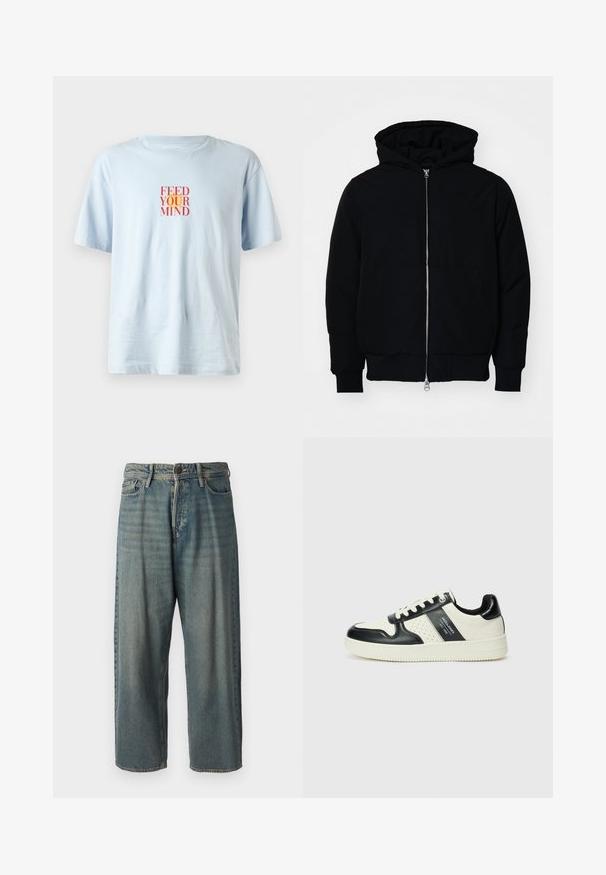 Black hooded jacket with front zipper, kangaroo pocket, ribbed cuffs, and hem, displayed on a plain white background.; Light blue crew-neck t-shirt made of soft fabric, featuring a bold red and orange graphic text that says "FEED YOUR MIND" on the front.; Light blue denim jeans with a loose fit, mid-rise waist, and straight legs. Features five pockets, belt loops, and a button closure.; Leather sneakers with a black and cream color scheme, featuring perforated accents, a padded collar, and a textured outsole.