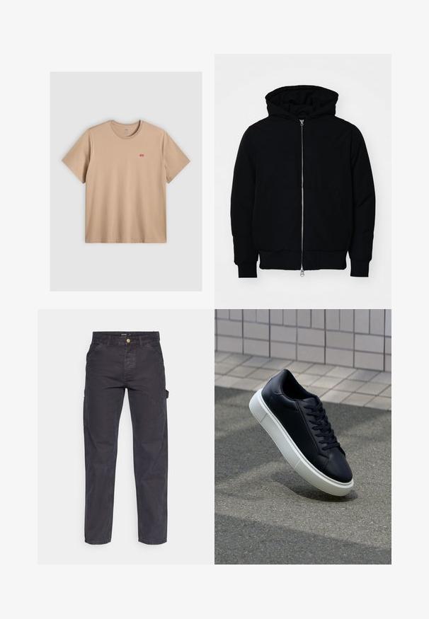 Črna kapuca jakna s sprednjim zadrgo, kenguru žepom, rebrastimi manšetami in hemom, razstavljena na enostavni beli ozadju.; Bež majica iz čim priloženih rokavov iz bombaža z okroglo izrezano ovratnikom. Na sprednji levi strani ima majhen rdeč logotip Levi's. Gladka tekstura.; Temno sivi cargo hlače iz trpežnega materiala, z ravnim krojem nogavic, petimi žepi in gumbom za zapiranje v pasu.; Črne usnjene superge z zaobljenim prstom in belim gumijastim podplat. Imajo ravne vezalke in minimalno šivanje na zgornjem delu. Teksturirani podplat za oprijem.