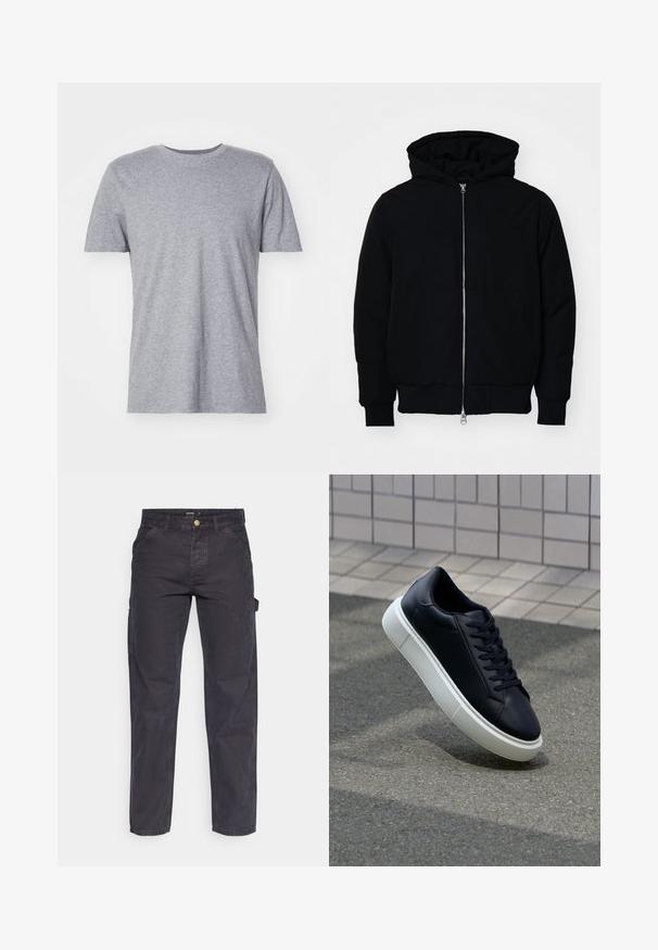 Juodas gobtuvėlis su priekiniu užtrauktuku, kengūros tipo kišene, lygiais rankogaliais ir apvadu, pateiktas ant vientiso balto fono.; Pilkas trumpomisRankovėmis marškinėliai, pagaminti iš medvilnės mišinio, su klasikiniu apvaliu kaklu ir glotnia, minkšta tekstūra.; Tamsiai pilkos krovininės kelnės, pagamintos iš patvarios medžiagos, su tiesaus kirpimo, penkiomis kišenėmis ir mygtukiniu užtrauktuku liemens srityje.; Juodas odinis sportbačius su apvaliu pirštu ir baltu gumuotu padu. Turi plokščias raišteles ir minimalų siuvimą viršuje. Padangos tekstūra užtikrina sukibimą.